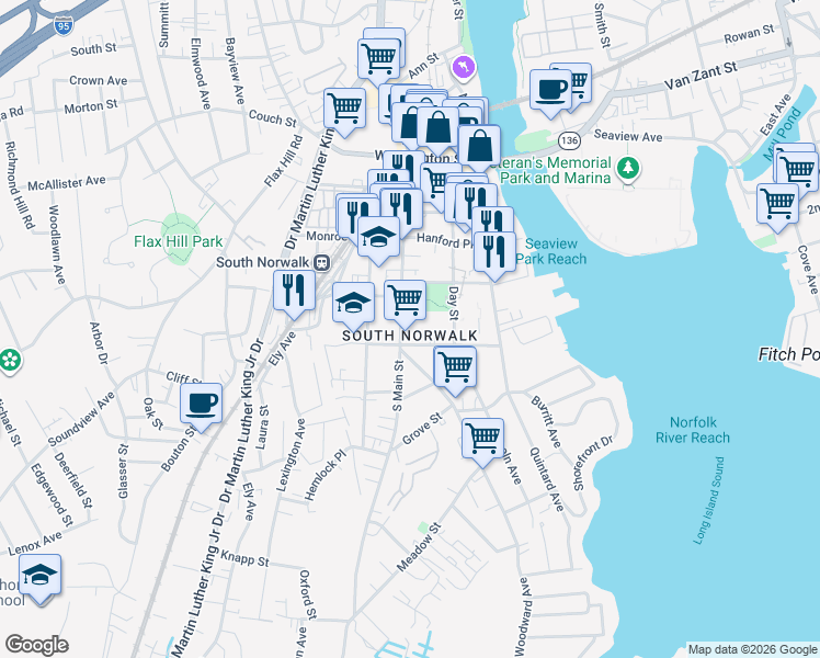 map of restaurants, bars, coffee shops, grocery stores, and more near in Norwalk