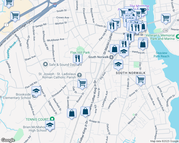 map of restaurants, bars, coffee shops, grocery stores, and more near 32 Paradiso Street in Norwalk