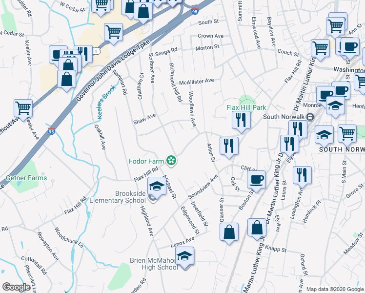 map of restaurants, bars, coffee shops, grocery stores, and more near 4 Scribner Avenue in Norwalk