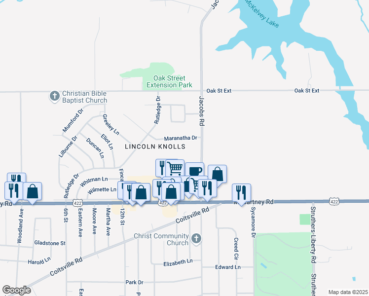map of restaurants, bars, coffee shops, grocery stores, and more near 114 Gluck Street in Youngstown