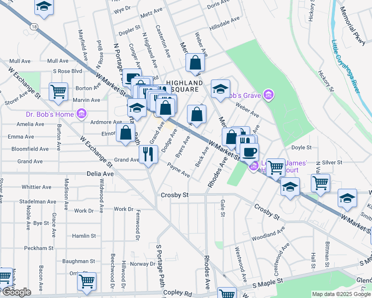 map of restaurants, bars, coffee shops, grocery stores, and more near 31 Byers Avenue in Akron