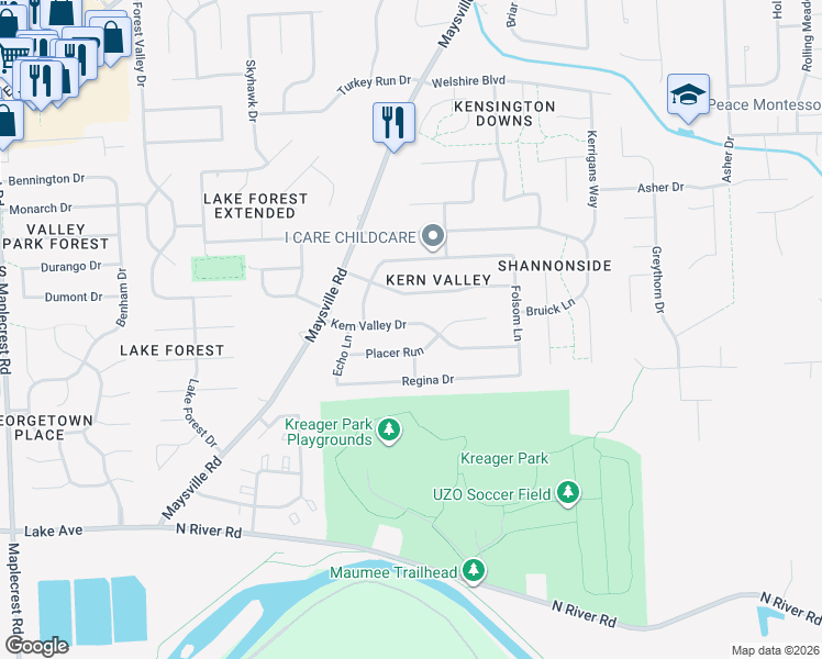 map of restaurants, bars, coffee shops, grocery stores, and more near 7504 Kern Valley Dr in Fort Wayne