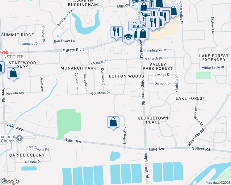 map of restaurants, bars, coffee shops, grocery stores, and more near 6021 Countess Drive in Fort Wayne
