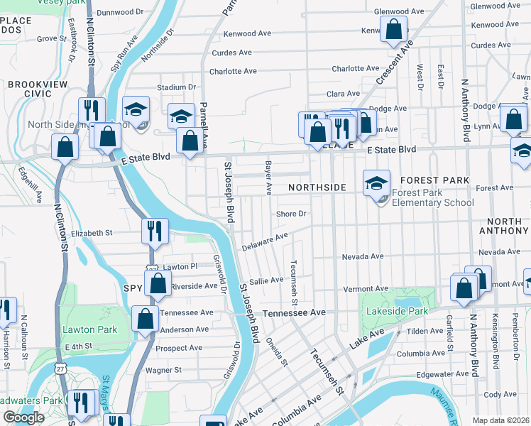 map of restaurants, bars, coffee shops, grocery stores, and more near 2002 Hillside Avenue in Fort Wayne