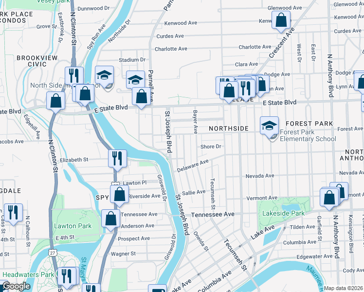 map of restaurants, bars, coffee shops, grocery stores, and more near 2002 Hillside Avenue in Fort Wayne