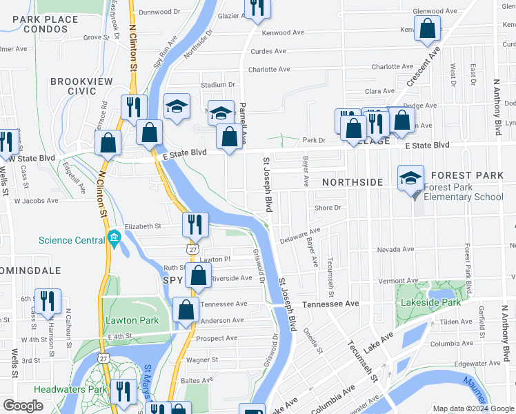 map of restaurants, bars, coffee shops, grocery stores, and more near 2016 Parnell Avenue in Fort Wayne
