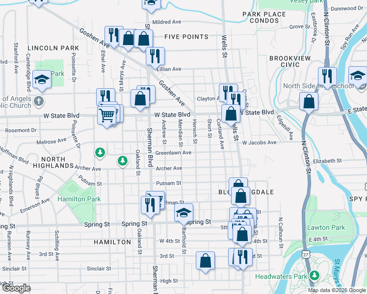 map of restaurants, bars, coffee shops, grocery stores, and more near 2020 Meridian Street in Fort Wayne