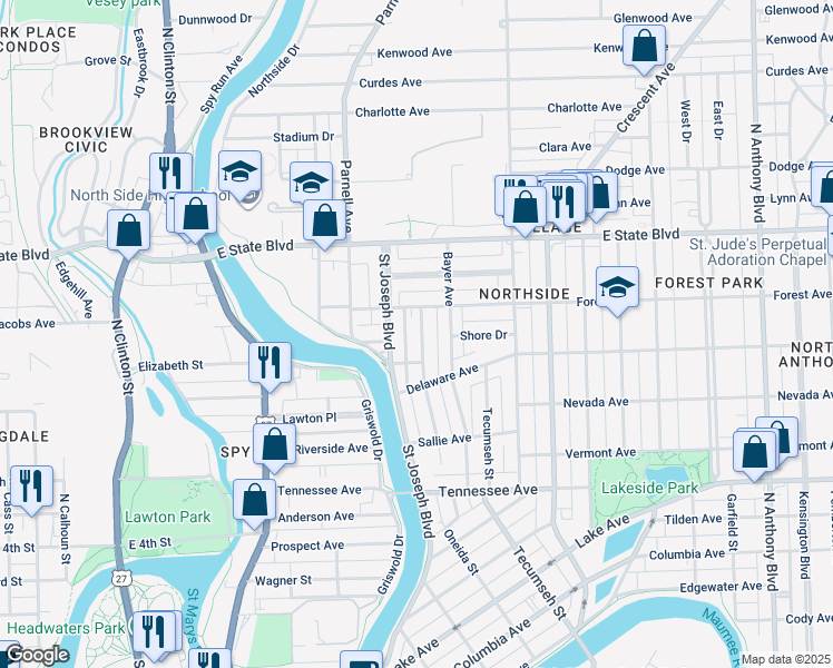 map of restaurants, bars, coffee shops, grocery stores, and more near 2002 Hillside Avenue in Fort Wayne