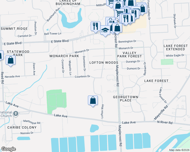 map of restaurants, bars, coffee shops, grocery stores, and more near 6021 Countess Drive in Fort Wayne