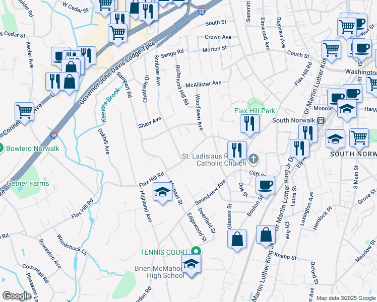 map of restaurants, bars, coffee shops, grocery stores, and more near 313 Flax Hill Road in Norwalk