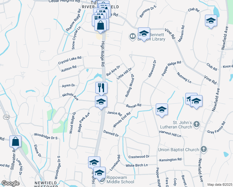 map of restaurants, bars, coffee shops, grocery stores, and more near 98 Little Hill Drive in Stamford