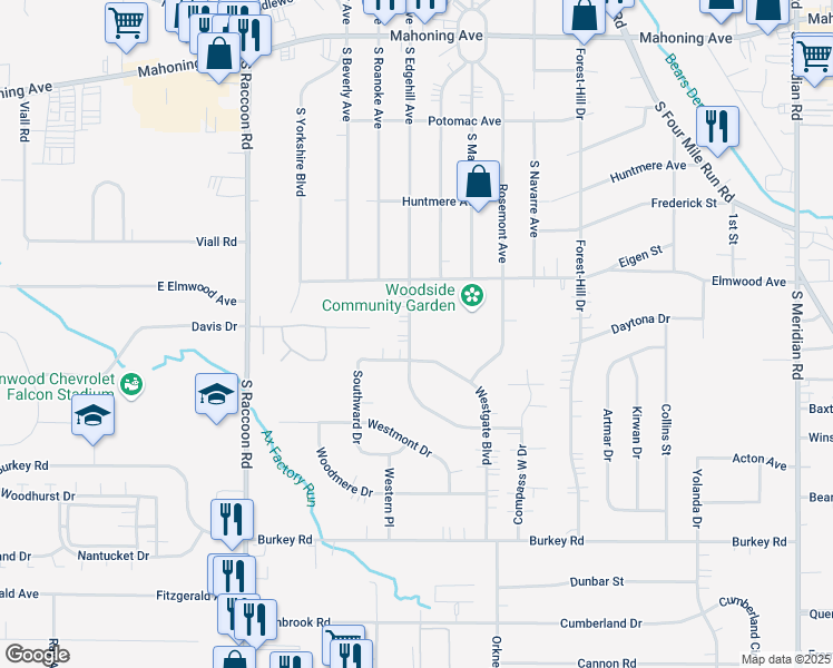 map of restaurants, bars, coffee shops, grocery stores, and more near 363 South Edgehill Avenue in Youngstown