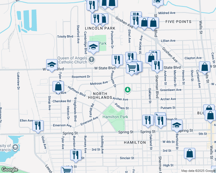 map of restaurants, bars, coffee shops, grocery stores, and more near 1418 Margaret Ave in Fort Wayne