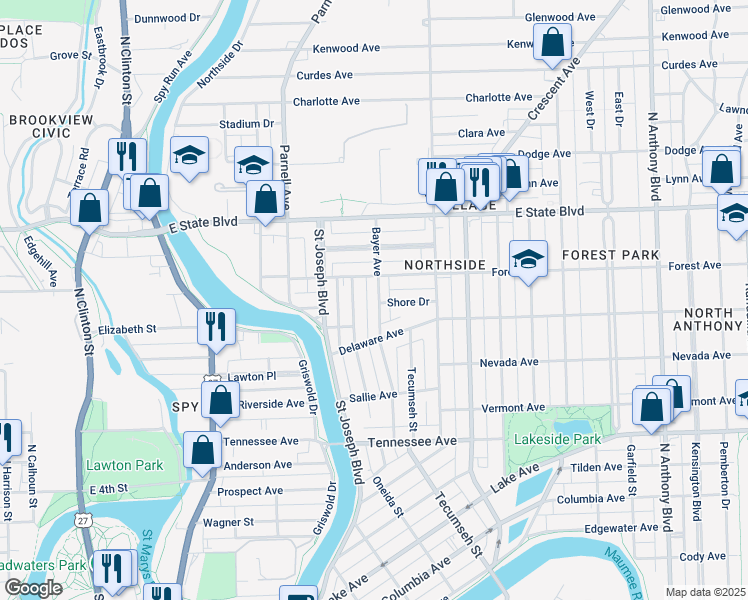 map of restaurants, bars, coffee shops, grocery stores, and more near 2005 Bayer Avenue in Fort Wayne