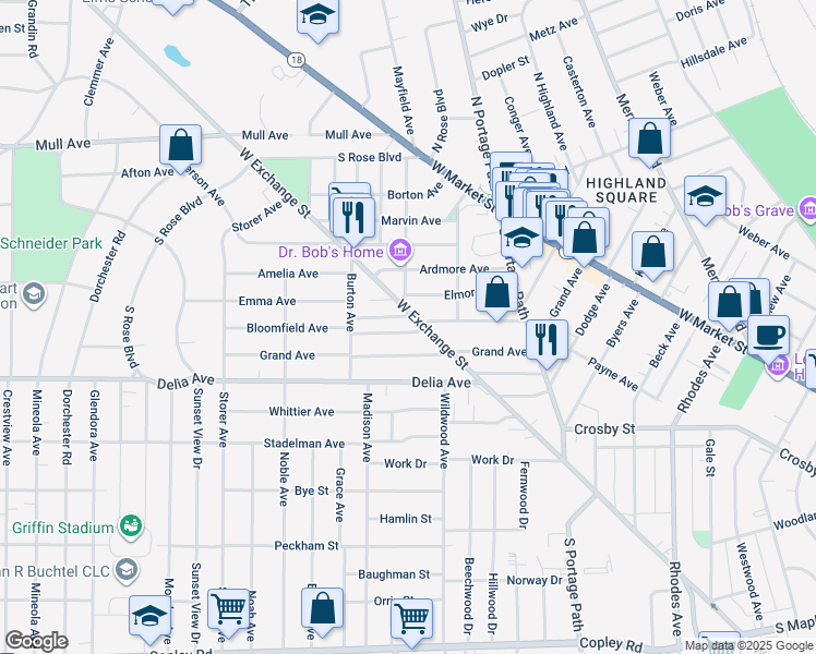 map of restaurants, bars, coffee shops, grocery stores, and more near 911 Bloomfield Avenue in Akron
