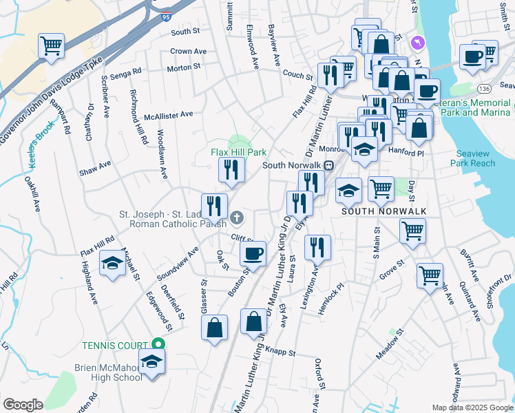 map of restaurants, bars, coffee shops, grocery stores, and more near 32 Paradiso Street in Norwalk