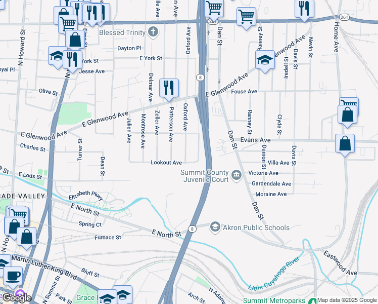 map of restaurants, bars, coffee shops, grocery stores, and more near 301 Oxford Avenue in Akron