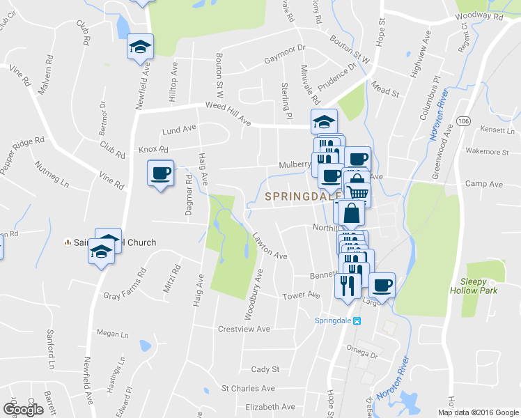 map of restaurants, bars, coffee shops, grocery stores, and more near 120 Knapp Street in Stamford