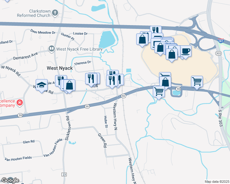 map of restaurants, bars, coffee shops, grocery stores, and more near 18 Western Highway North in West Nyack