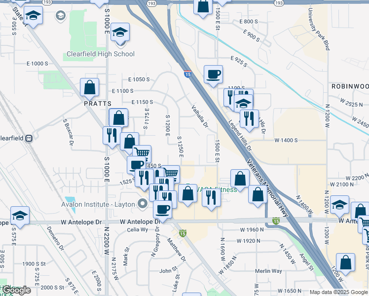 map of restaurants, bars, coffee shops, grocery stores, and more near 1415 South 1250 East in Clearfield