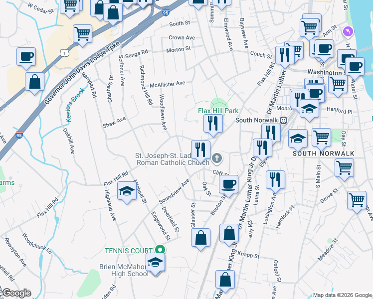 map of restaurants, bars, coffee shops, grocery stores, and more near 8 Arbor Drive in Norwalk