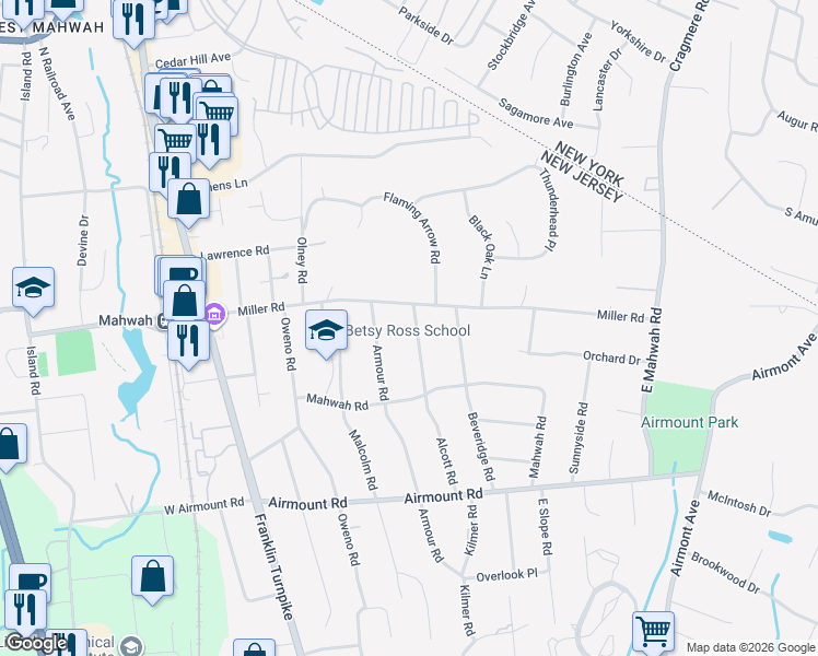 map of restaurants, bars, coffee shops, grocery stores, and more near 8 Alcott Road in Mahwah