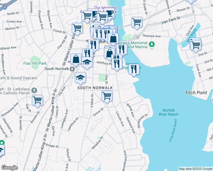 map of restaurants, bars, coffee shops, grocery stores, and more near Day Street in Norwalk