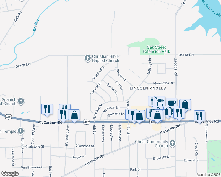 map of restaurants, bars, coffee shops, grocery stores, and more near 88 Duncan Lane in Youngstown