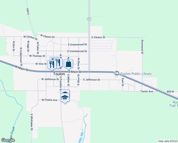 map of restaurants, bars, coffee shops, grocery stores, and more near Illinois 91 in Toulon