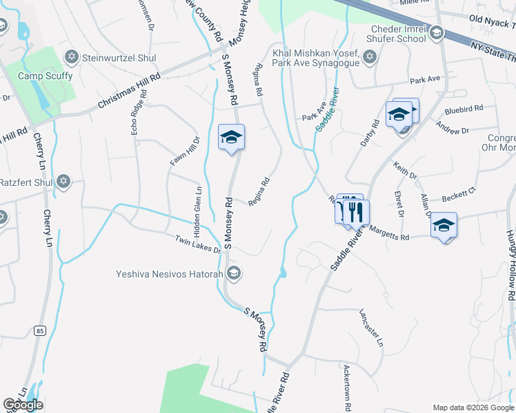 map of restaurants, bars, coffee shops, grocery stores, and more near 93 Regina Road in Airmont