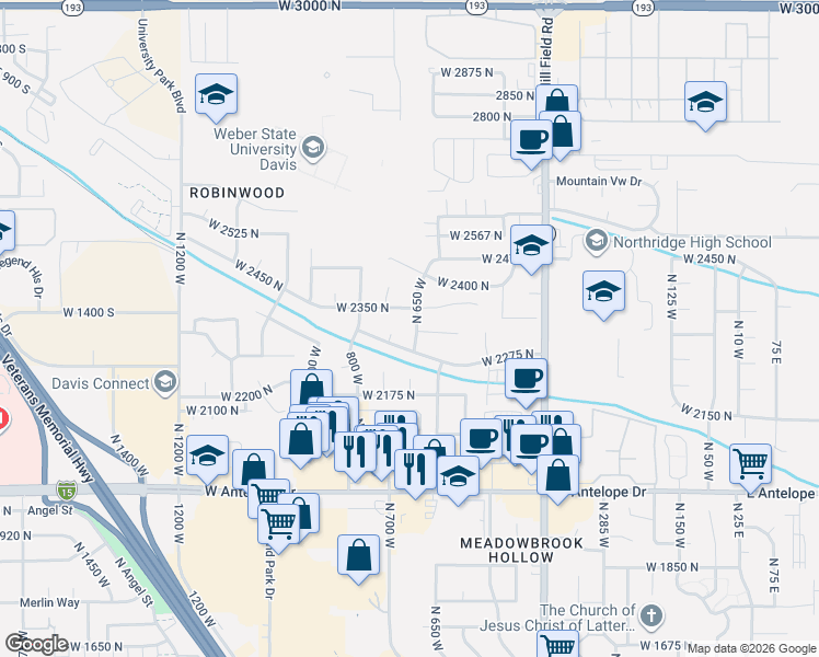 map of restaurants, bars, coffee shops, grocery stores, and more near 2327 North 675 West in Layton