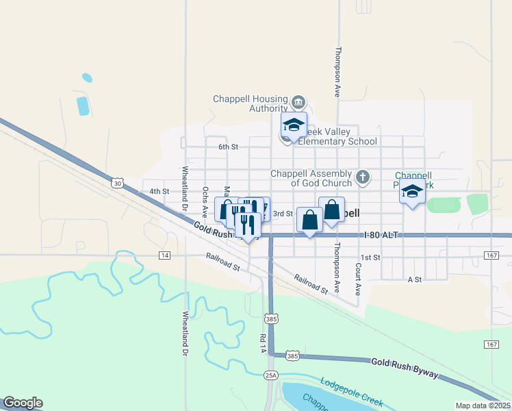 map of restaurants, bars, coffee shops, grocery stores, and more near 718 3rd Street in Chappell
