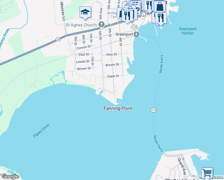 map of restaurants, bars, coffee shops, grocery stores, and more near 145 5th Street in Greenport