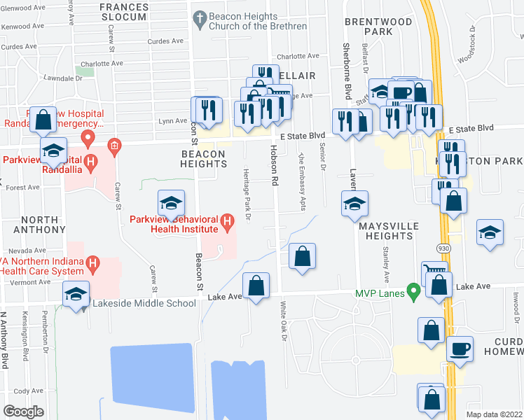 map of restaurants, bars, coffee shops, grocery stores, and more near South Heritage Park Lane in Fort Wayne