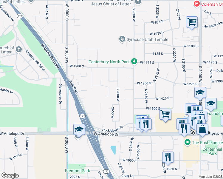 map of restaurants, bars, coffee shops, grocery stores, and more near 1370 South 2600 West in Syracuse