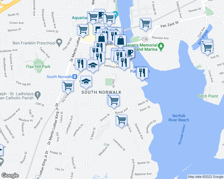 map of restaurants, bars, coffee shops, grocery stores, and more near 49 Day Street in Norwalk