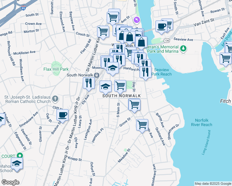 map of restaurants, bars, coffee shops, grocery stores, and more near in Norwalk