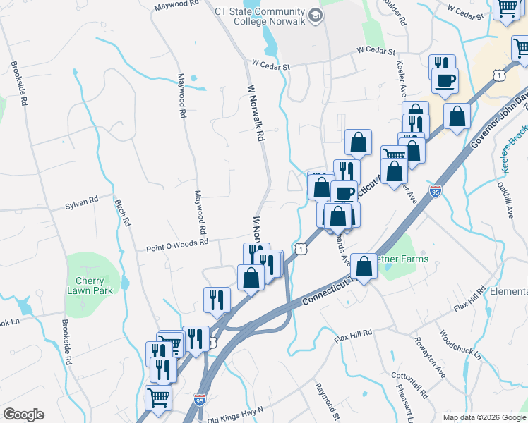 map of restaurants, bars, coffee shops, grocery stores, and more near 36 West Norwalk Road in Norwalk