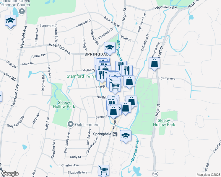 map of restaurants, bars, coffee shops, grocery stores, and more near 1032 Hope Street in Stamford