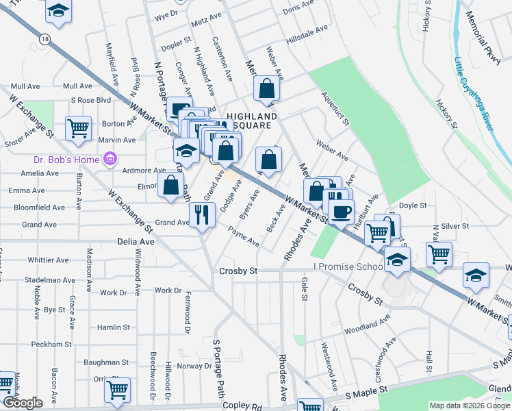 map of restaurants, bars, coffee shops, grocery stores, and more near 31 Byers Avenue in Akron