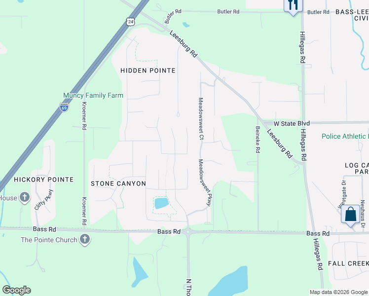 map of restaurants, bars, coffee shops, grocery stores, and more near 2108 Morgan Creek Drive in Fort Wayne