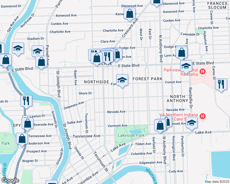map of restaurants, bars, coffee shops, grocery stores, and more near 1920 California Avenue in Fort Wayne