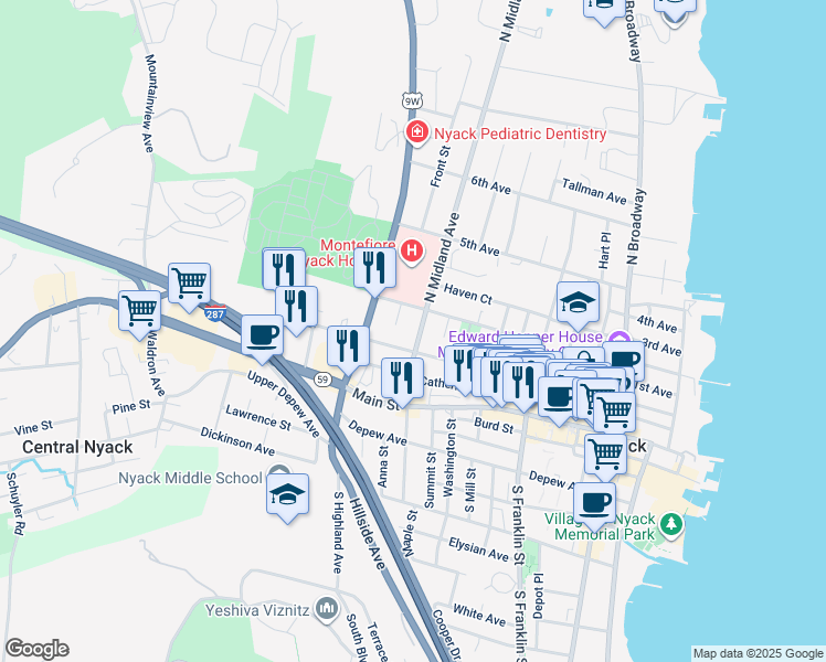 map of restaurants, bars, coffee shops, grocery stores, and more near 80 North Midland Avenue in Nyack