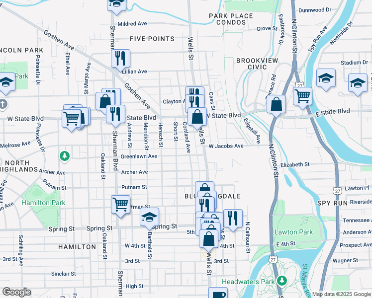 map of restaurants, bars, coffee shops, grocery stores, and more near 2015 Cortland Avenue in Fort Wayne