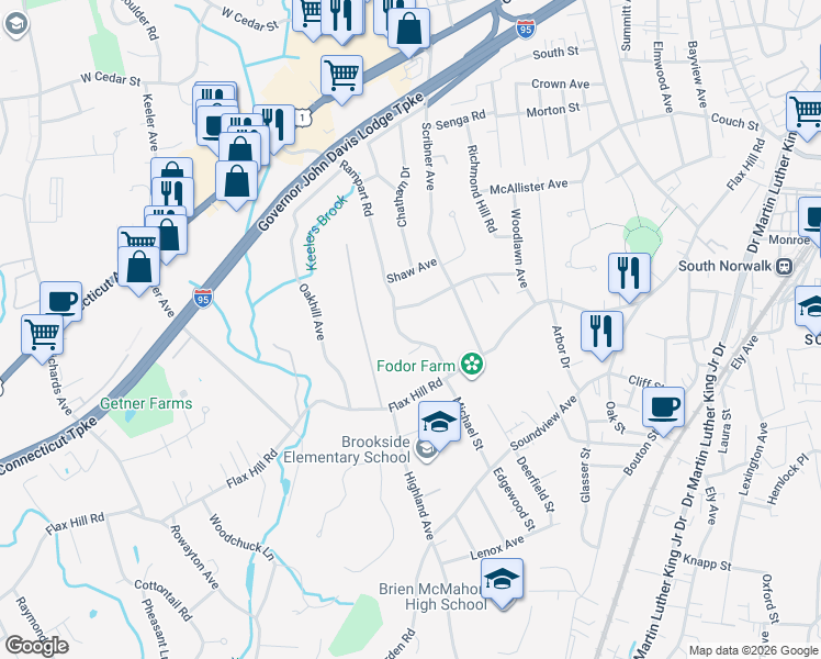 map of restaurants, bars, coffee shops, grocery stores, and more near 18 Rampart Rd in Norwalk
