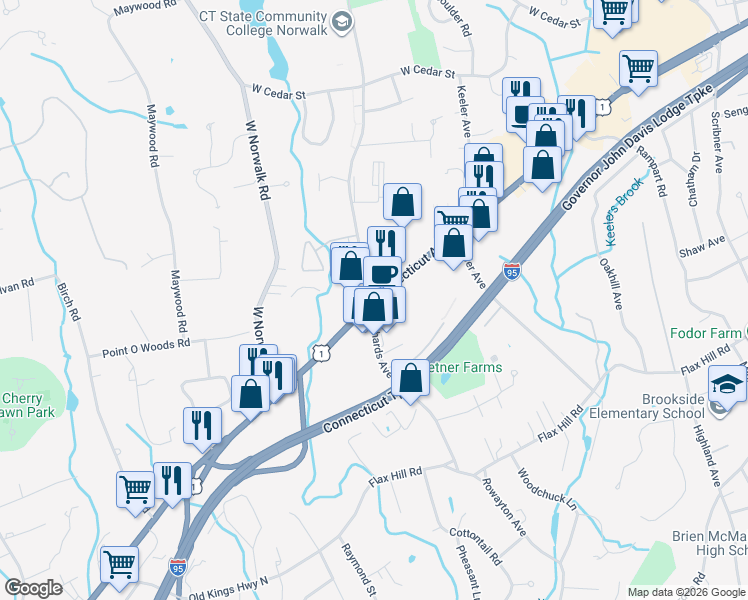 map of restaurants, bars, coffee shops, grocery stores, and more near 707 Connecticut Avenue in Norwalk