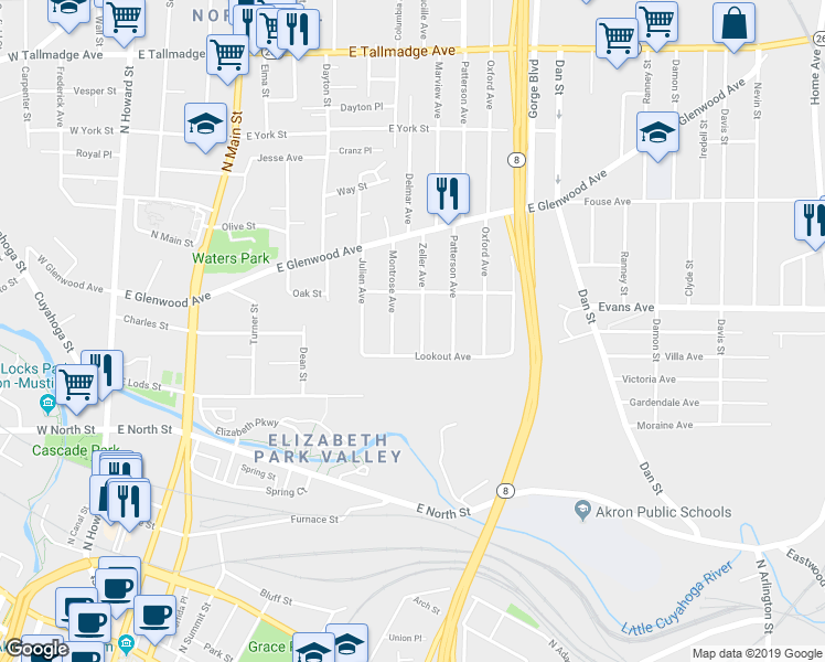 map of restaurants, bars, coffee shops, grocery stores, and more near 304 Zeller Avenue in Akron