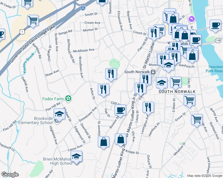 map of restaurants, bars, coffee shops, grocery stores, and more near 8 Soundview Avenue in Norwalk