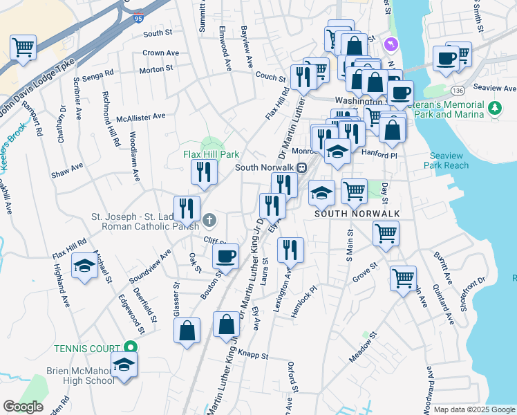 map of restaurants, bars, coffee shops, grocery stores, and more near 14 Cleveland Terrace in Norwalk