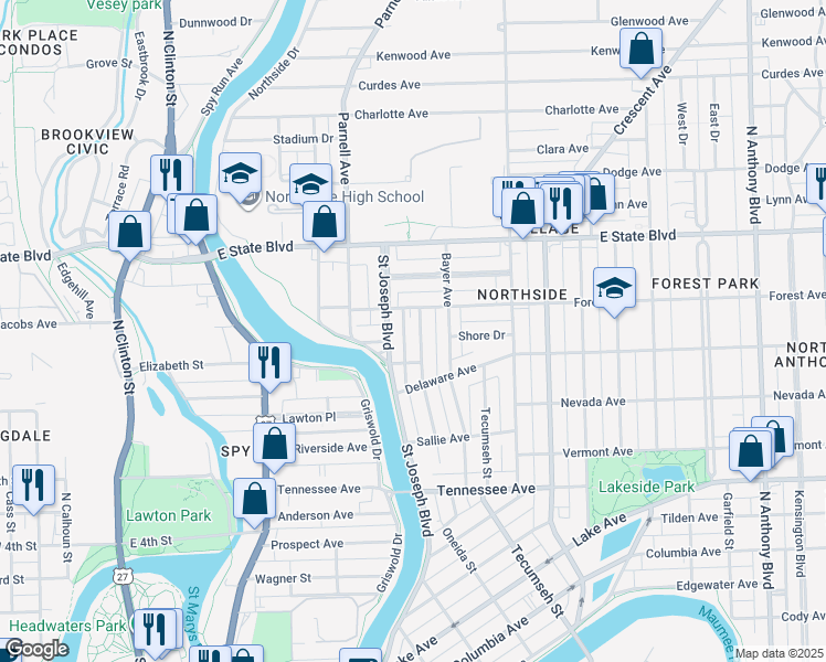 map of restaurants, bars, coffee shops, grocery stores, and more near 2008 Saint Joseph Boulevard in Fort Wayne